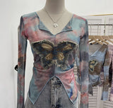Fongt Shooting Amount Of Bumpy Tulle Spliced Denim Butterfly Design Sunscreen Coat V Collar Short T-Shirt 1965