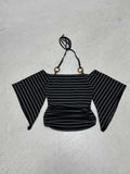 Fongt New Retro Stripe Shoulder Horn Sleeve T-Shirt Hottie Beaded Neck Small Repair Body