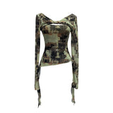 Fongt Shooting Strapped With Hollow Retro Print Long-Sleeved Mesh T-Shirt Ribbon Design Spring And Summer Top 1195