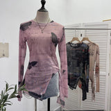 Fongt Tie-Dye-Print Net Yarn Jersey Long-Sleeved Top Irregularly T-Shirt With Thin Short T-Shirt 1919