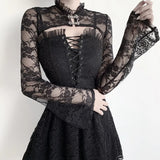 Temperament Flare Sleeve Blouse With Horn Inside Collar Perspective Of Lace Bottomed Blouse-Outfit