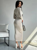 Fongt Wind Solid Color Knitted Dress Female Spring And Autumn Temperament Waist Long Sleeve Long Skirt