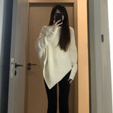 Fongt Winter Korean Version High Collar Hem Irregular Niche Design Sense Sweater Loose Lazy Wind Soft Waxy Knit Female Top-Outfit