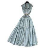Fongt Ripe Wind Niche High-Grade Buckle Collar Sleeveless Roll-Lens Denim Dress Women's Summer Long Dress
