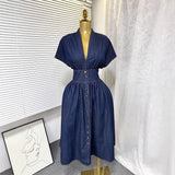 Fongt Women's Dress 2025 Summer High-End Deep V-Neck Waist Buckle Body Pressure Folding Casual Denim Dress