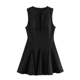 Fongt 2025 New Women's Decoration Body Wave-Style Wide Swing Bow Trim Short Dress