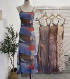 Sexy Tie-Dye Print Dress Waist Folded Folded Black Back Mesh Slings Long Skirt