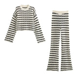 Fongt Women's INS Explosion Striped Knitting L Long Sleeve Horned Pants Set