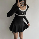 Girl Lace Lace Stitching Bow Square Collar Slim Low Waist Solid Color Pleated Dress 2024-Outfit