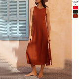 Fongt Spring And Summer New Casual Fashion Sleeveless Rounded Collar Solid Color Splicing Lace Fork In The Long Dress Woman