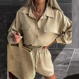Fongt 2024 Women's New Casual Solid Color Shirt Rope Lace Shorts Fashion Suit
