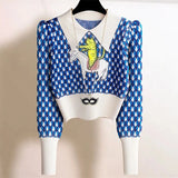 Puff Sleeve Retro Acrylic Cat Horse Embroidery Sweaters Slim Crop Top Elegant Women Streetwear Kawaii Clothes Winter