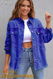 Holes Raw-edges Denim Jacket Women Spring Autumn Shirt Style Jeancoat Casual Top Rose-Red Orange Purple Outerwear Lady