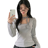 Fongt Girl Wind Around The Neck Tidling Design Bow Long-Sleeved T-Shirt Temperament Striped Print Top