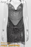 Luxury Sequined Low Cut Halter Mini Dress Backless Patchwork Split Sleeveless Hollow Out Party Sexy Women Solid