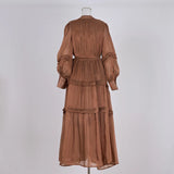 Fongt Temperament Dress 2025 New V-Neck Lantern Sleeves Folded Long Silk Dress Dress