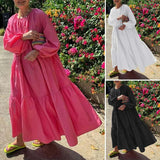 Holiday Pleated Dresses Casual Women Solid Dress Long Lantern Sleeve Maxi Dress Stylish Vestido VONDA Beach 2022 Long