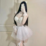 Bunny Angel Halloween Costumes Women V-Neck Camisole Crop Tops Mesh A-Skirt Suit Fairy Cosplay Christmas Party Dress Set-Outfit