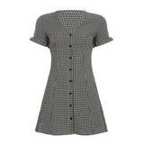 Fongt Women's Temperament Lattice V-Neck Thin Buckle Short Sleeve A-Character Dress Short 2025