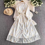 Fongt French Wind And Breeze Floral Dress Women's Autumn Mesh Embroidered Lantern Cuff Strap Design Chic Super Fairy Dress