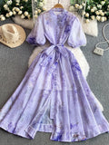 Fongt Retro-Print Collar Bubble-Sleeved Dress Women's Summer Straps To The Waists To Show A Thin Swollen Dress