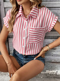 Wise Hot Style Summer V Collar Pocket Striped Print Shirt Shirt Woman-Outfit
