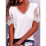 Fongt Women's T-Shirt Burst Lace Splicing Loose V-Neck Short-Sleeved T-Shirt