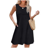 Fongt Women's Casual Round Collar Foldless Pocket Dress