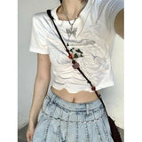 Y2K White Corset Tshirts Women Irregular Cow Print Harajuku Egirl Aesthetic Fairy Grunge Crop Top Short Sleeve T