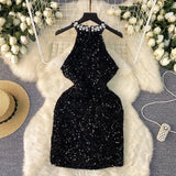 Fongt Luxury Thousand Gold Wind High-End Hanging Neck Dress Women's Summer Glide Diamond Design Niche Temperament Ass And Hip Skirts