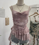 Real Shoot Spice Girl Swing Network Yarn Print Sling Vest Retivating Lotus Leaf Side Ribbon Short Top
