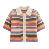 Fongt Autumn New Striped Printed Short Sleeve Clip Sleeve Casual Shorts Striped Knitted Sling Vests
