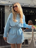Fongt Women's Dress Design Long-Sleeved Striped Shirt Tightly Shorts Set