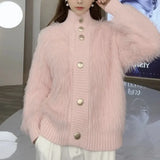 Fongt New Imitation Mink Velvet Standing Collar Sweater Cardigan Female Autumn Loose And Thick Age Reduction Jacket Coat-Outfit