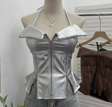 Fongt Shoot Hottie Hanging Neck Zipper Open Fork Sling Vest Pu Skin Bra Repair Short Sleeveless Top 8112