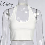 Fashion Halter Women Tank Top Knitted Solid Backless Sleeveless Crop Top Summer Fitness Cropped Vest White Basic Tee