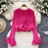 Fongt Shirt Women Spring And Autumn New Three-Dimensional Lotus Edge V Collar Folded Horns Short Top Lady