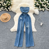 Fongt Kong Flavor Chic Net Red New Design Heartless Sleeveless High-Rise Thin Hole Casual Denim Jumpsuit
