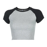 Fongt Color Thread Rotator Sleeve T-Shirt Women's Short Crop Tight Thin Shirt Short Sleeve