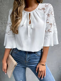 Fongt Women's T-Shirt White Seven-Sleeved Lace Splicing Round Tie Solid Color Shirt Woman