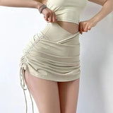 Mini Skirts Women Y2K High Waist Folds Drawstring Slim A Line Skirt Summer Korean Club Solid Shirring Skinny Bodycon Skirt-Outfit