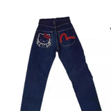 Autumn New Casual Wide-Leg Pants Street Trend Hello Kitty Printed Jeans Loose Straight Pants-Outfit