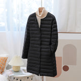 Light Down Jacket Female Medium Long Round Collar Fashion Coat With V-Neck Warm Large Size Inner Bladder Coat Tide-Outfit
