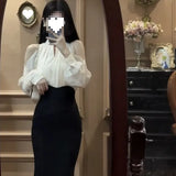 Fongt And Autumn 2025 New Hanging Neck Open Shoulder Design Long-Sleeved Top Temperament High-Waisted Fishtail Dress Fashion Suit Woman