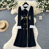 Fongt Small Fragrant Style Trendy Collar Long Sleeve Metal Double Buckle Waist Thin Temperament Knitted Dress