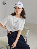 Round Neck Short Sleeve T-shirts Loose Midweight Straight Office Lady Letter Printing Solid Spring Cotton