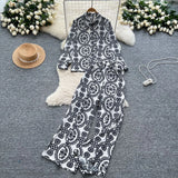 Fongt Familiar Wind Wearing A Female Fashionable Loose-Fitting Long-Sleeved Printed Shirt + High-Waisted Casual Broad-Legged Trousers Set
