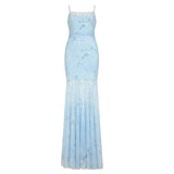 Fongt Chinese Chinese Light Green Shoulder Butterfly Print Fishtail Sling Skirt Sexy Hip Through Mesh Dress