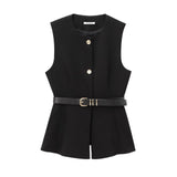 Fongt 2025 New Women's Round-Neck With Sleeveless Belt Vest Women's Top