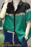 Summer Short Sleeve Polo-Neck Single Breasted Contrast Colors Splicing Blouses 2023 Loose All-match Korean Top